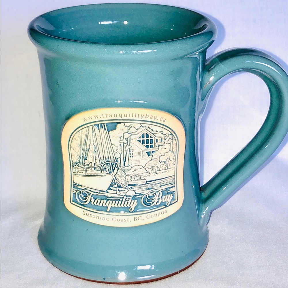 Deneen Pottery Advertising Mug Tranquillity Bay Sunshine Coast BC Teal Blue